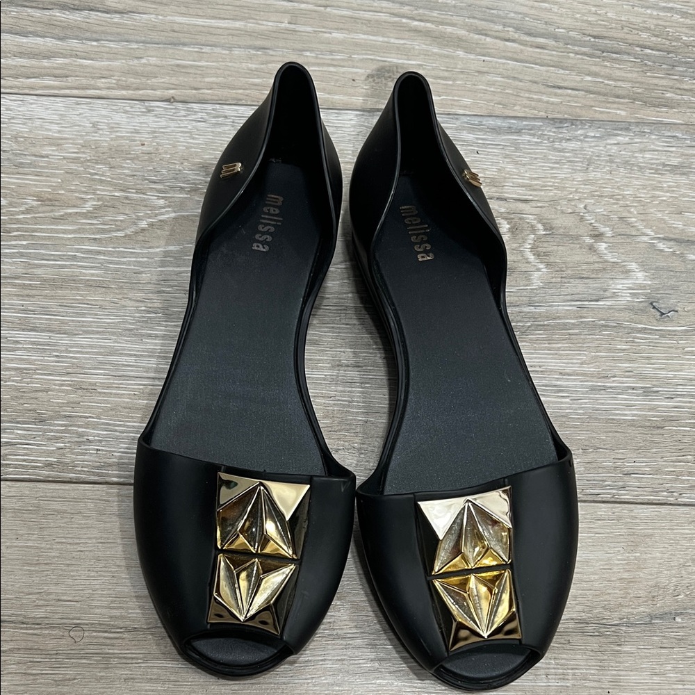 Melissa Black Flats with Gold Accents